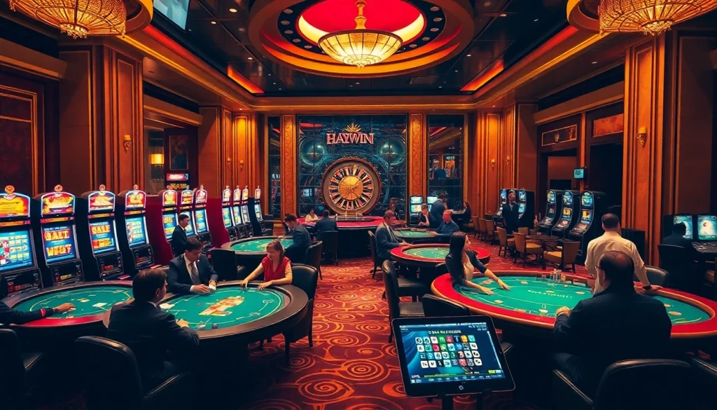 Engage in ĐĂNG NHẬP HAYWIN at a luxurious casino with vibrant tables and slot machines.