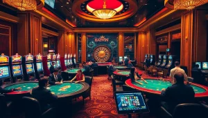 Engage in ĐĂNG NHẬP HAYWIN at a luxurious casino with vibrant tables and slot machines.