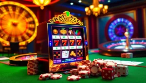 Experience nổ hũ online with vibrant casino scenes featuring slot machines and poker chips.