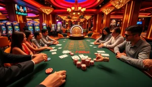 Players enjoy an exciting game at the f88bet casino table, surrounded by vibrant poker chips and cards.