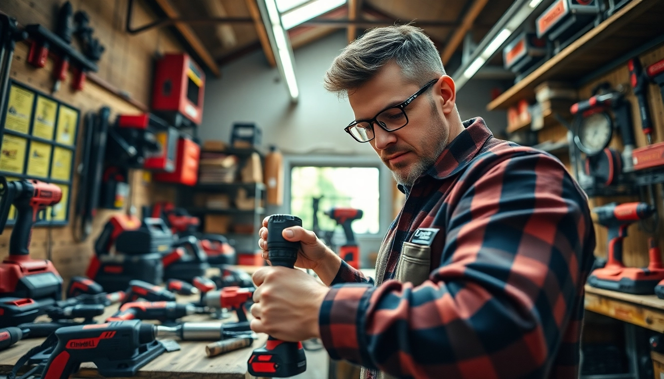 Einhell tools in use by a craftsman in a busy workshop, showcasing versatility and innovation.