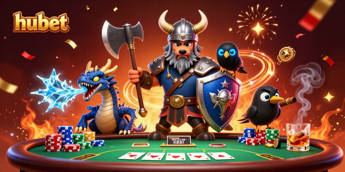 Engage in gaming action at hubet with a Viking warrior and dragon amidst vibrant casino elements.