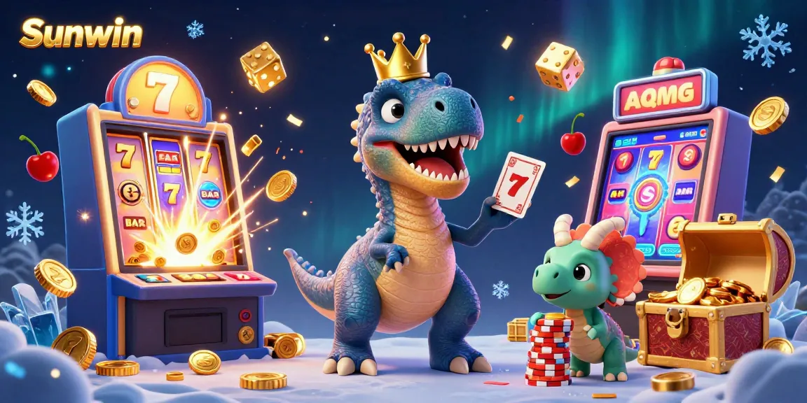 Experience exciting slots and jackpots with Sunwin, featuring T-Rex shuffling cards and vibrant casino elements.