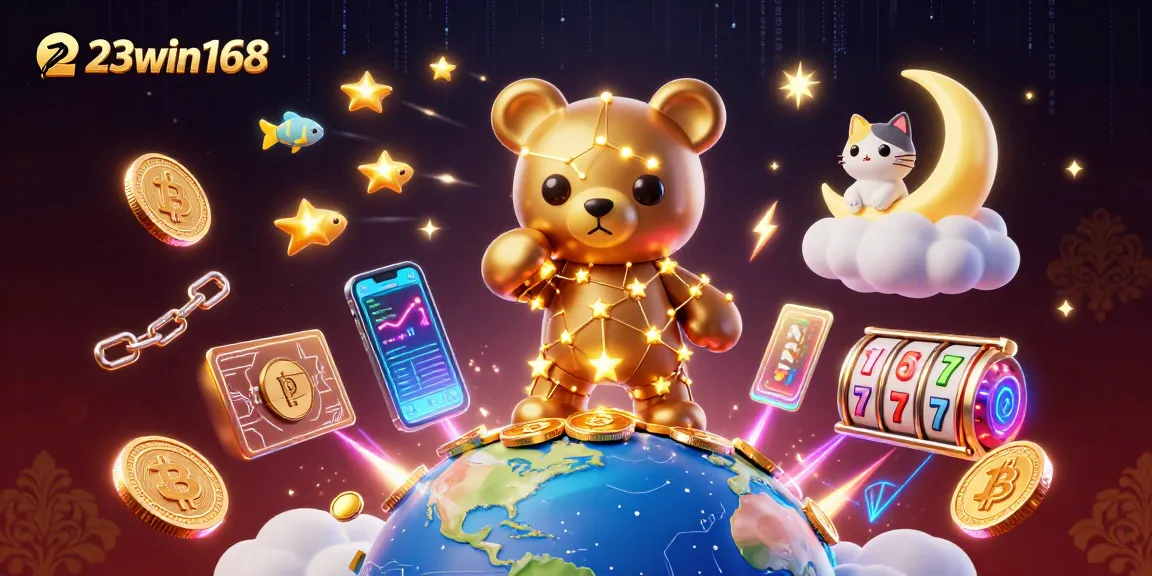 Engage with 23win168 in a vibrant slot game experience with dazzling characters and crypto elements.