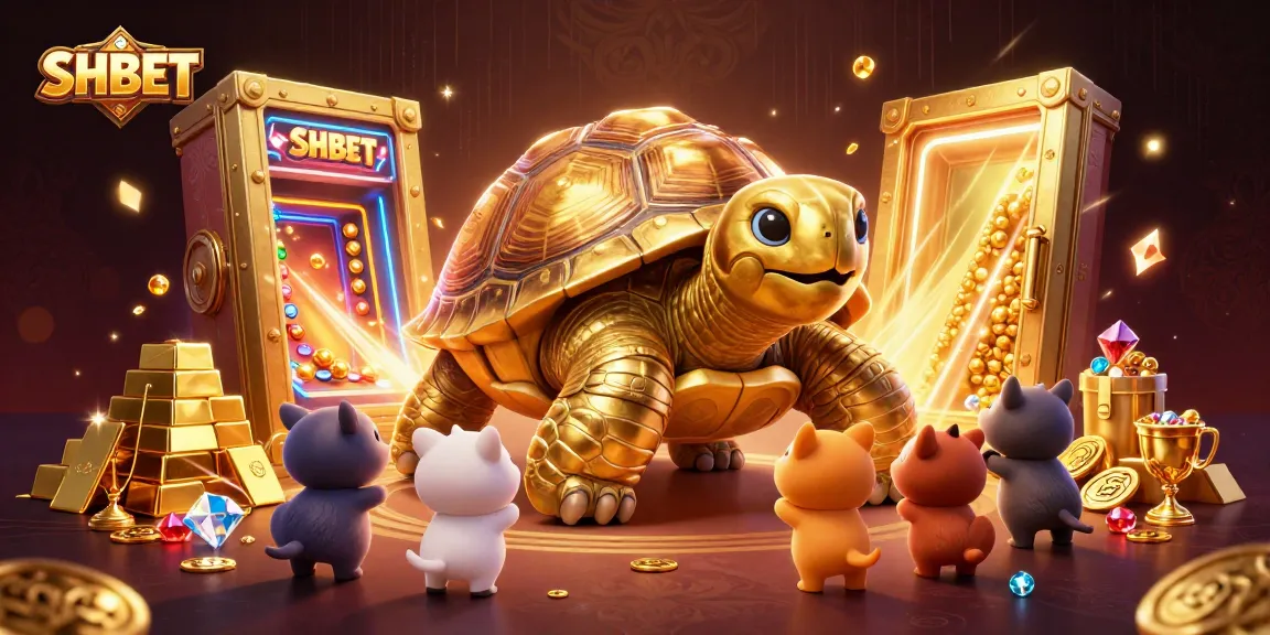 Experience SHBET's exciting gameplay with a vibrant casino-inspired illustration featuring a colossal tortoise and treasures.