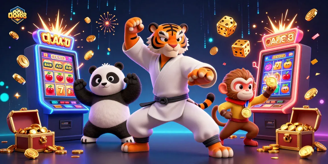 Experience exciting gambling action at qq8888 with a lively scene of characters and casino games.