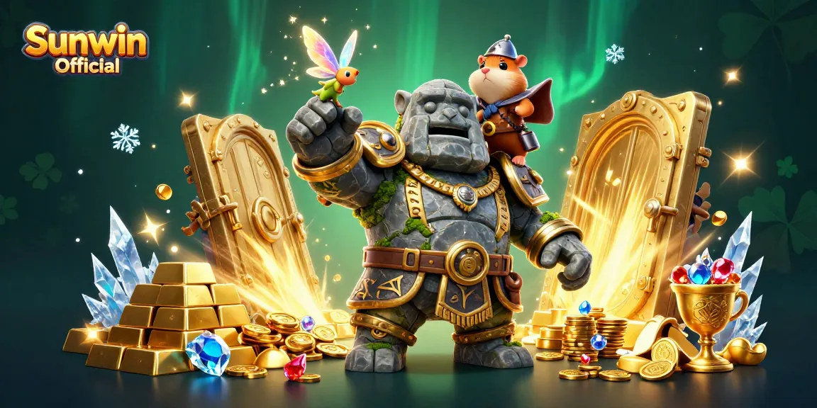 Experience winning moments with Sunwin Official, featuring a magical golem and charming fairy in a dazzling casino.