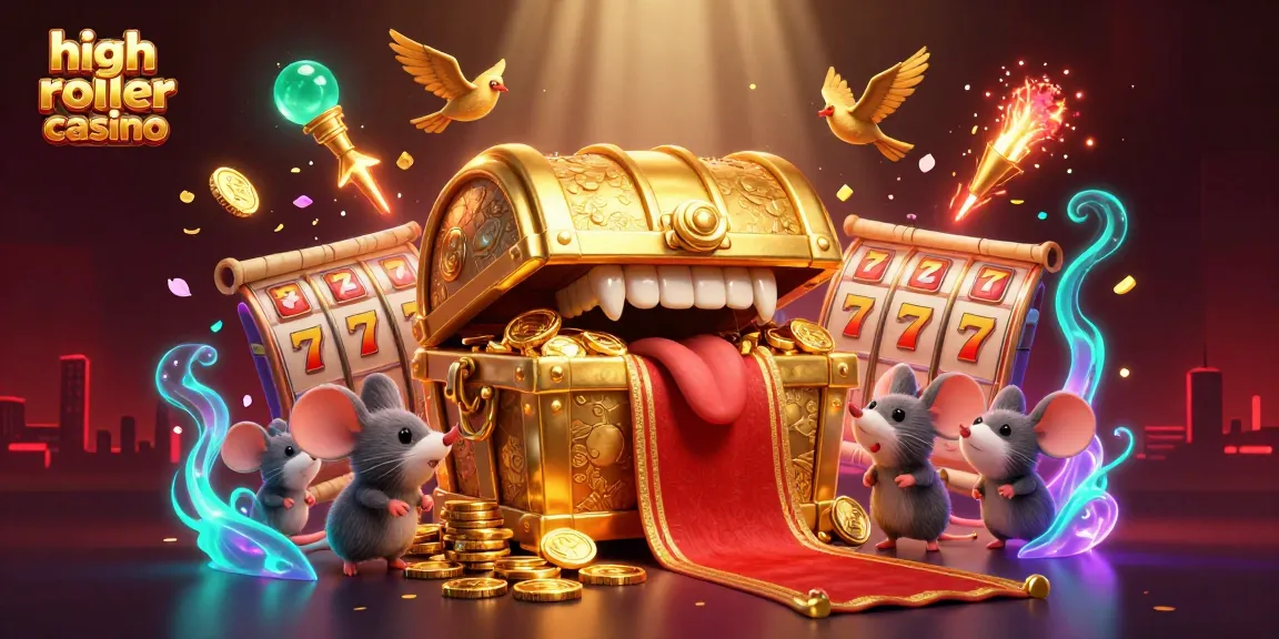 Experience the excitement of a high roller casino with vibrant treasures, lucky symbols, and festive fireworks.