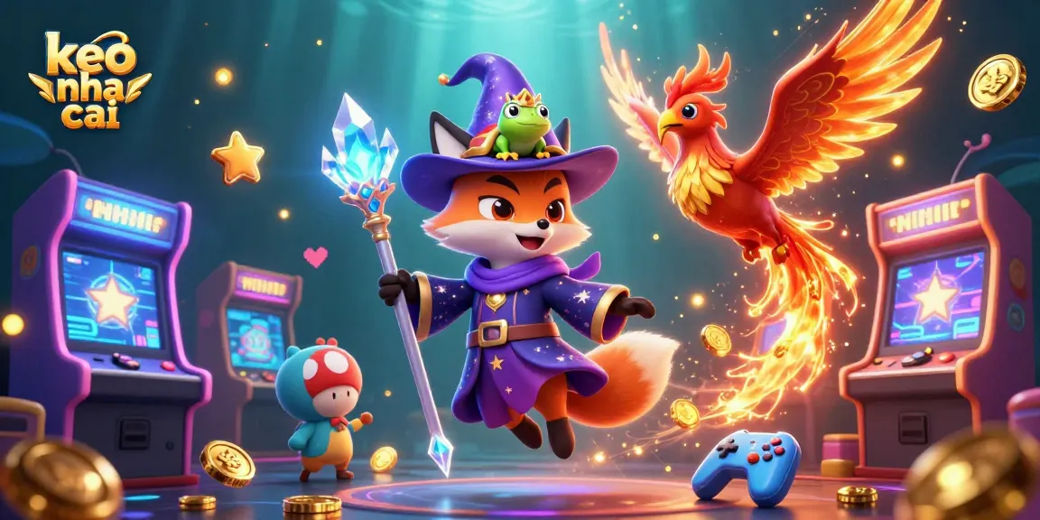 Engage in keo nha cai with a mystical wizard fox and phoenix in a vibrant casino world.